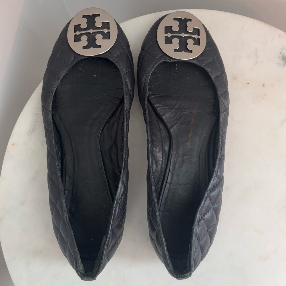 Tory Burch Black Quinn Quilted Round Toe Leather Ballet Flats Size 8 - Picture 7 of 10